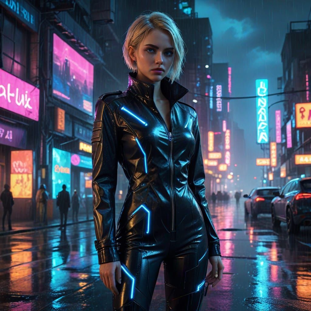 Futuristic Fashionista Illuminated by Neon Cityscape