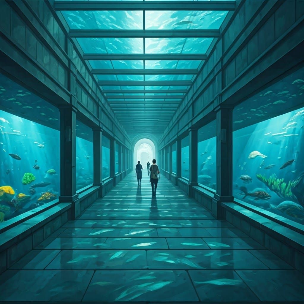 Underground Aquarium with Glass Walkway in Ink Wash Style