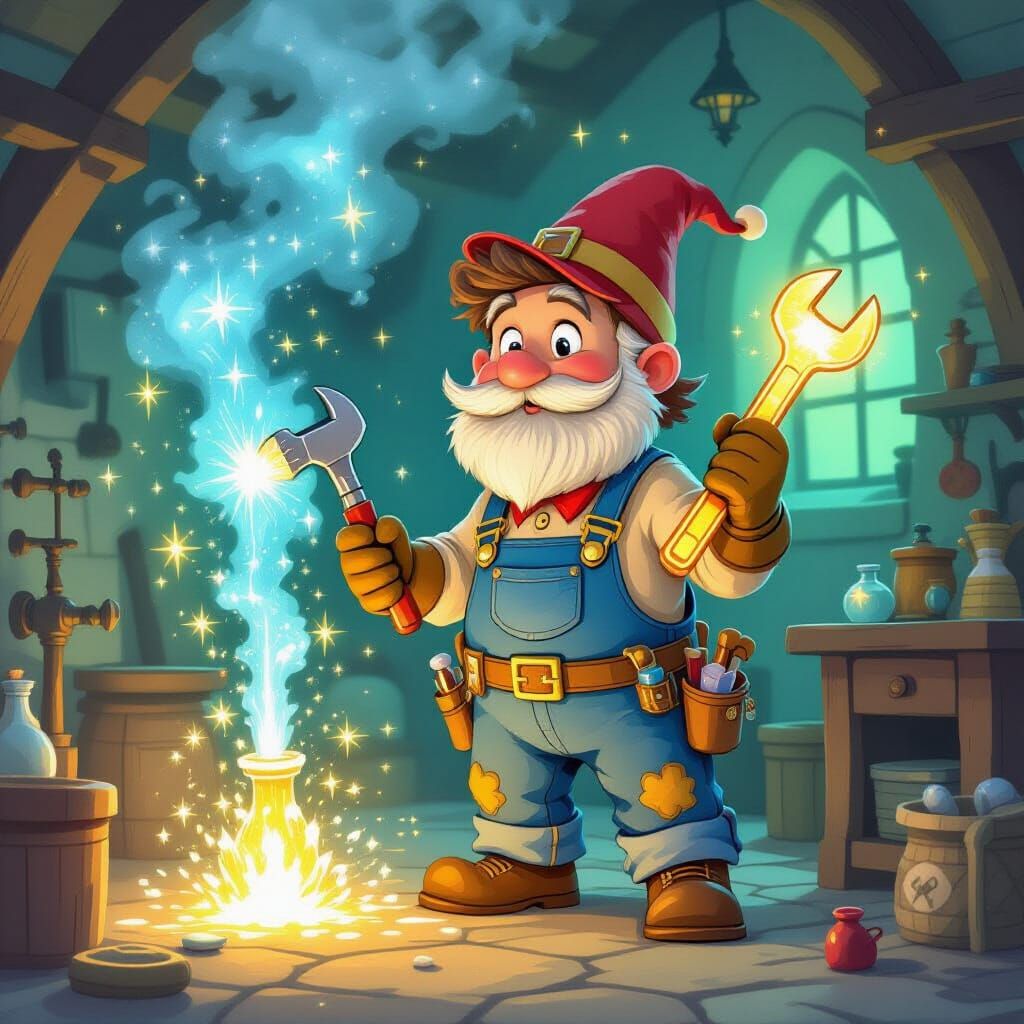 Whimsical Plumber with Glowing Wrench in Magical Workshop