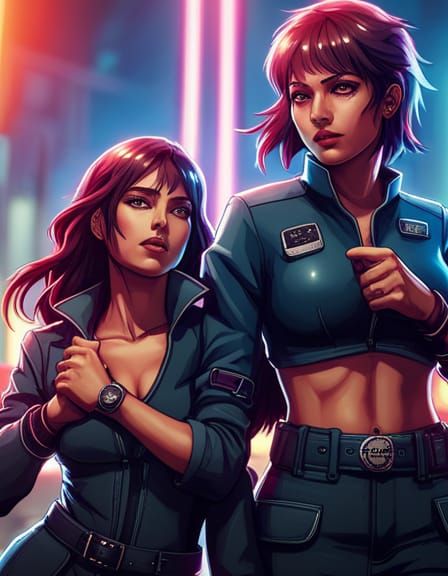 Biopunk Lesbian Couple Holding Hands in Neon City