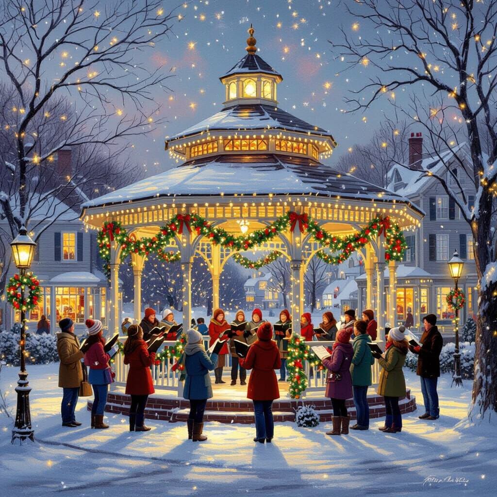 Festive Maine Coastal Town in Kinkade Style