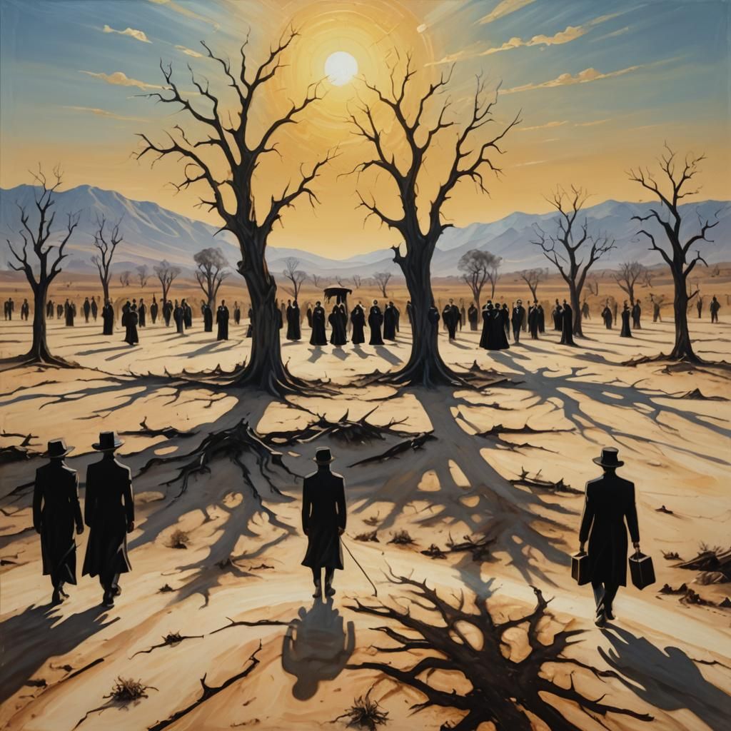 Surreal Funeral Procession in Sun-Scorched Landscape