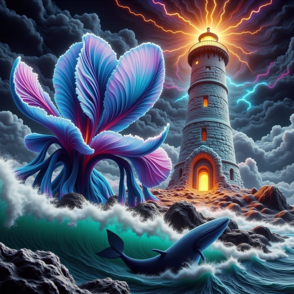 Double Exposure: Iris, Lighthouse, Whale in Cosmic Storm