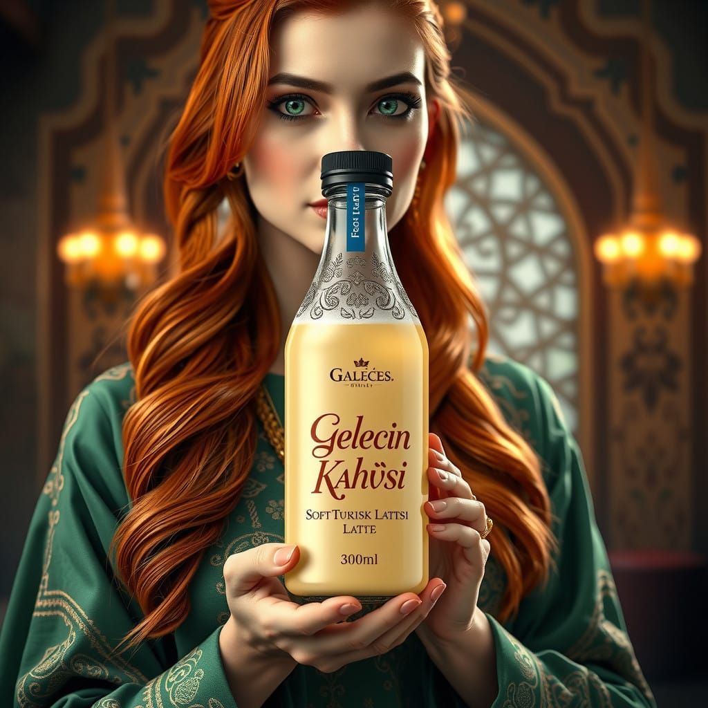 Luxurious Ottoman Beauty Holds Soft Turkish Latte Bottle in...