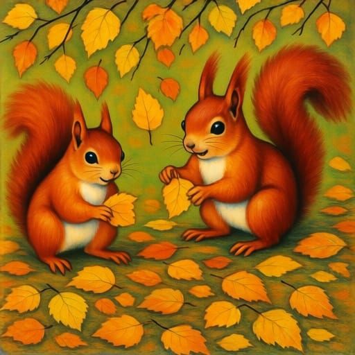 Cute Squirrels Play in Autumn Birch Leaves