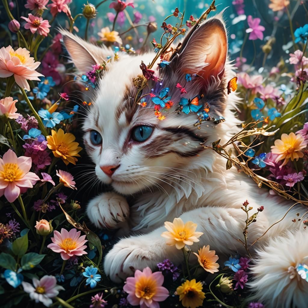 Mystical Floral Kitten Fairy Sleeping, Surreal Photography