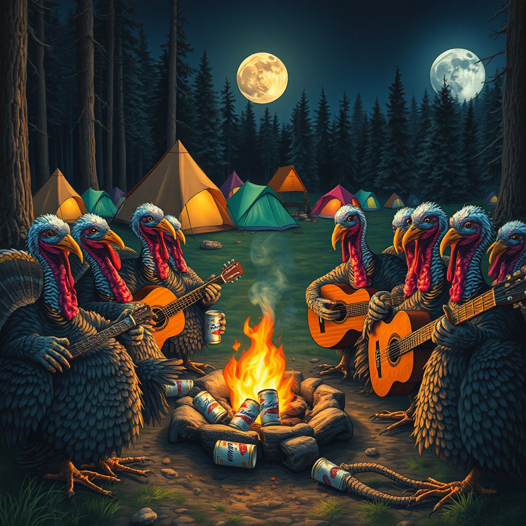 Turkeys Enjoying Campfire Under Moonlight