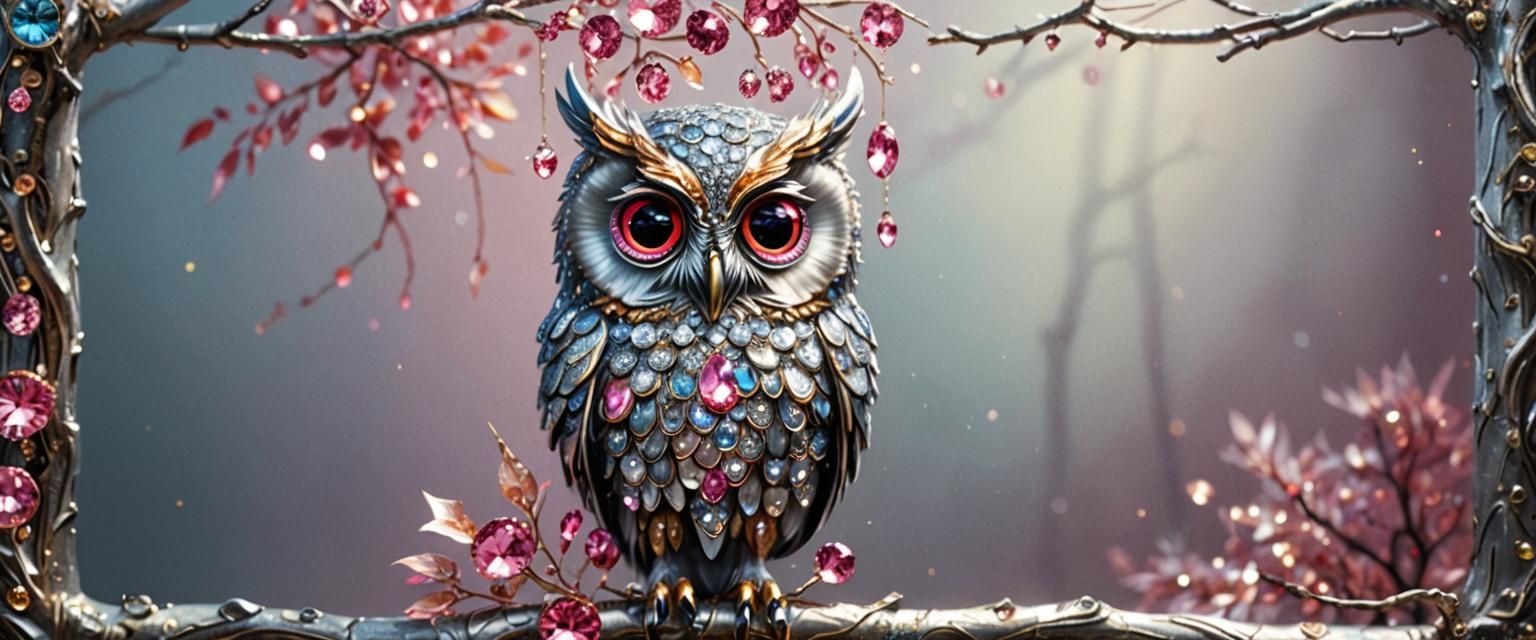 Diamond Owl Perched on Silver Branch: Hyperrealistic Art