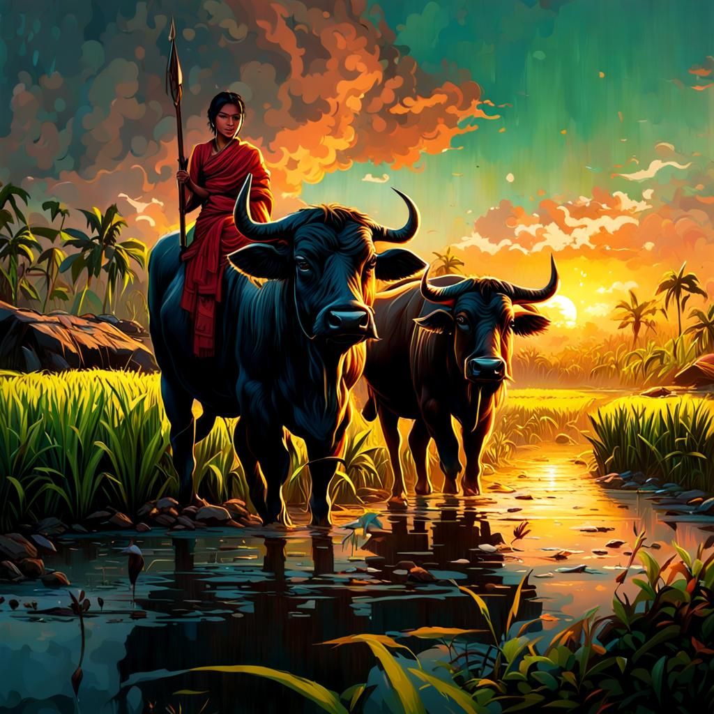 Children Working Rice Fields with Water Buffalo