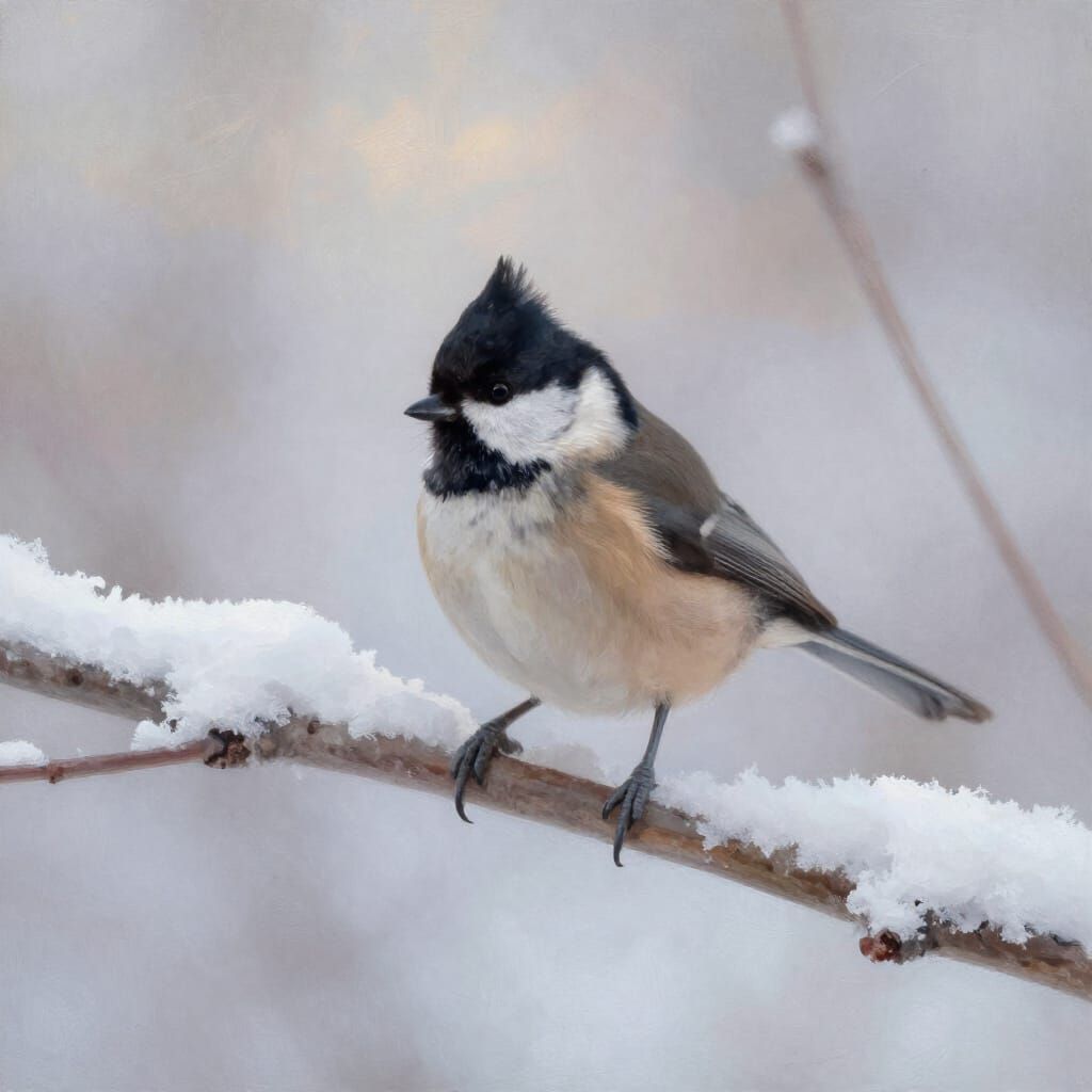 Tufted Titmouse in Snowy Meadow, Painterly Style