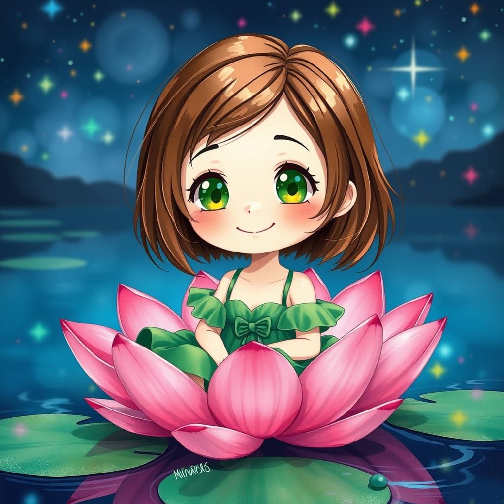 Chibi Girl in Water Lily Flower, Watercolor Style