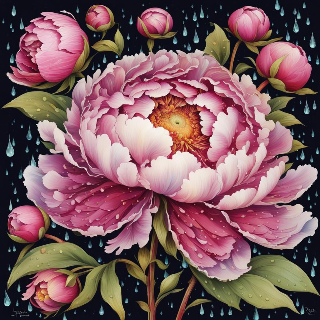 Steampunk Peony in Multicolored Rain