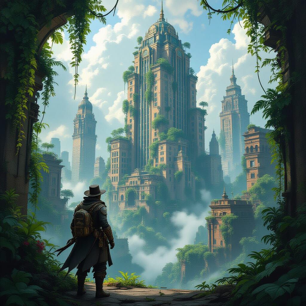 Steampunk Adventurer Overlooking Jungle City Ruins