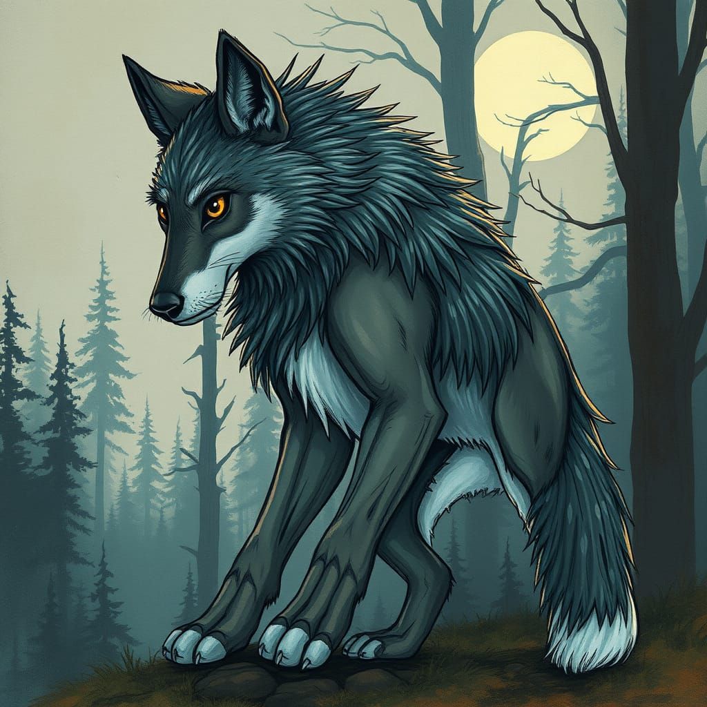 Moonlit Wolf Rabbit Hybrid in Whimsical Forest Landscape