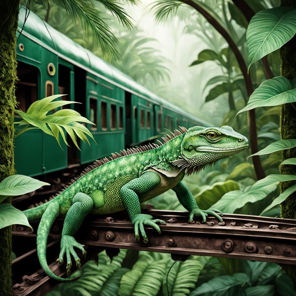Surrealistic Green Lizard on Polynesian Train