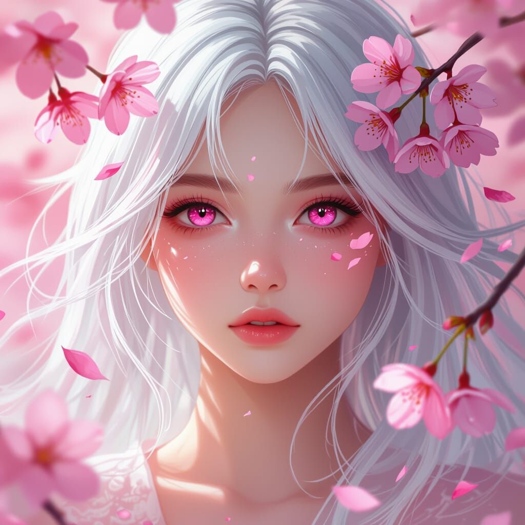 Ethereal Girl with Cherry Blossom Eyes, Digital Matte Painti...