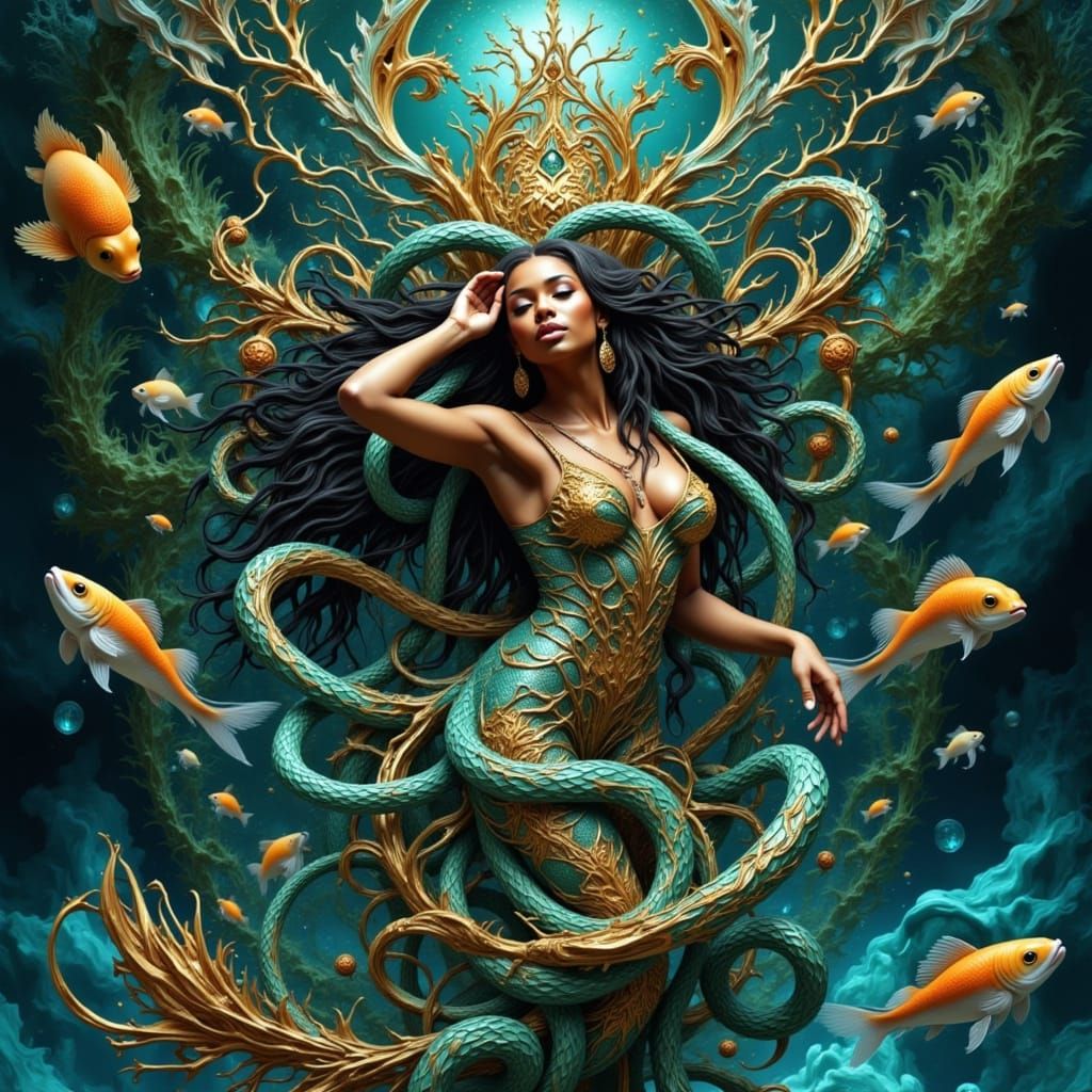 Mystical Mami Wata Rising from the Fractured Waters