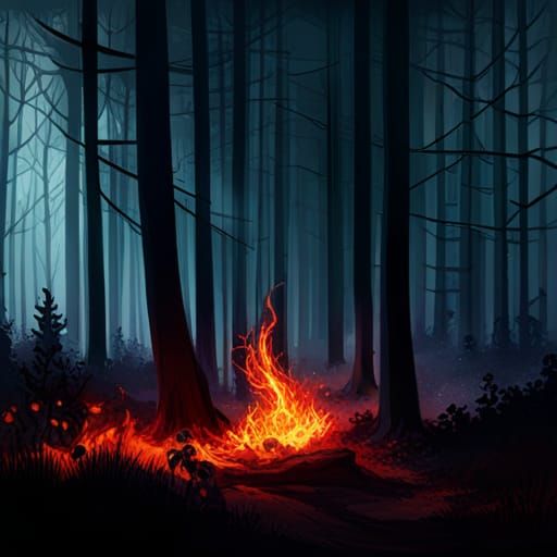 Spooky Forest Fire in Maximalist Style