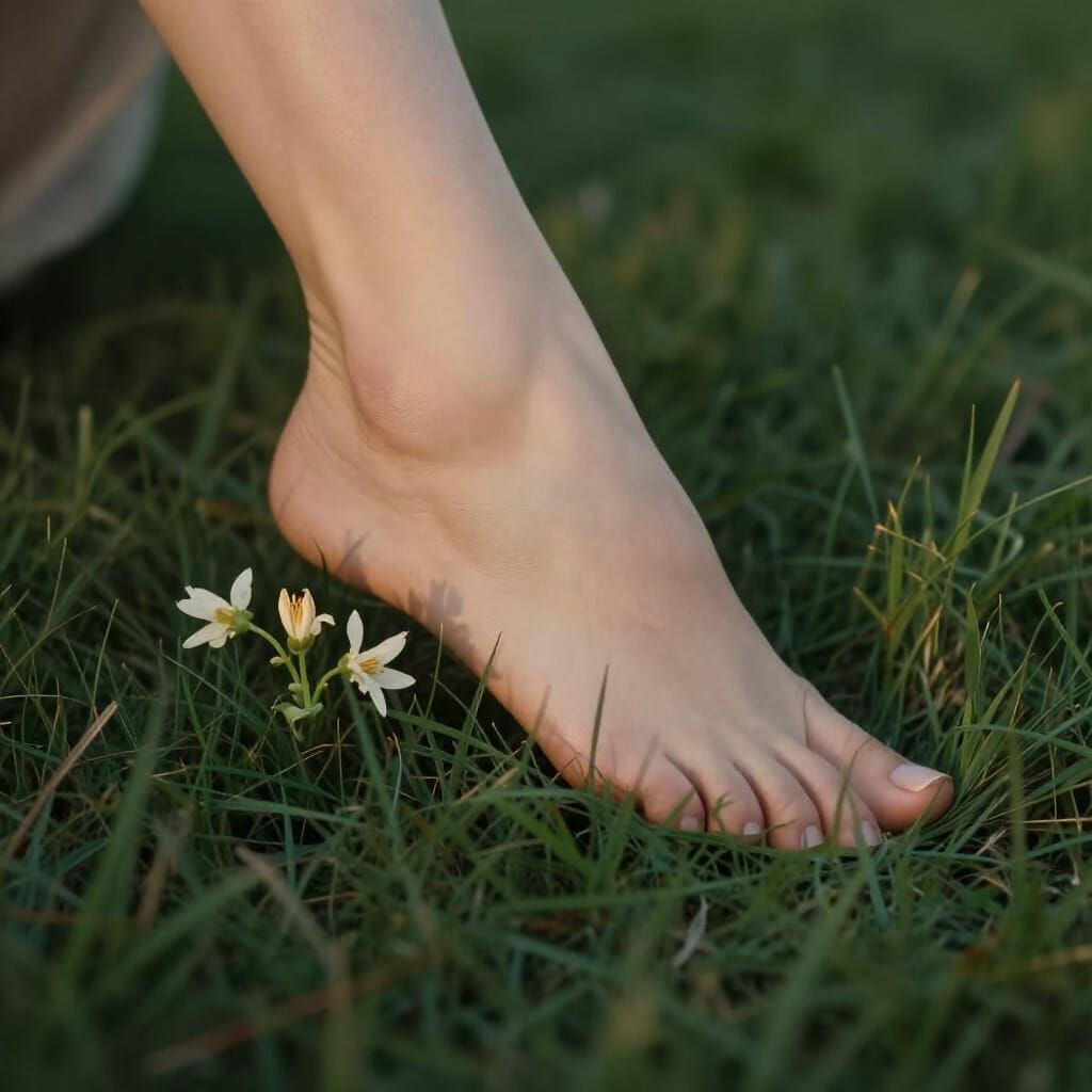 Elegant Foot Touches Grass, Flowers Bloom in Soft Light