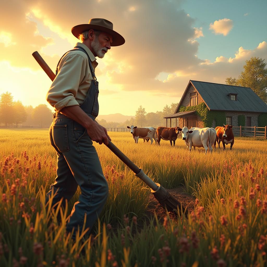 Farmer Tilling Fields at Sunrise: Matte Painting