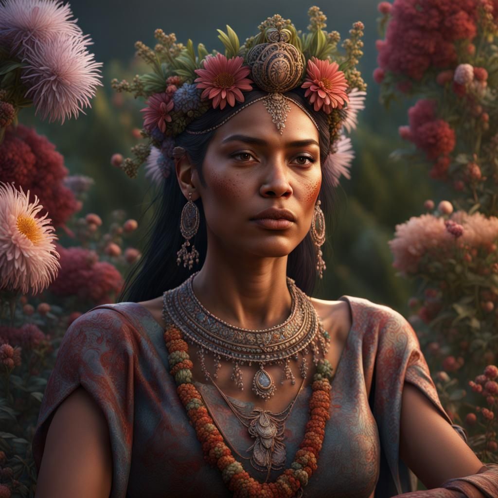Amerindian Woman on Flower Throne: Detailed Matte Painting