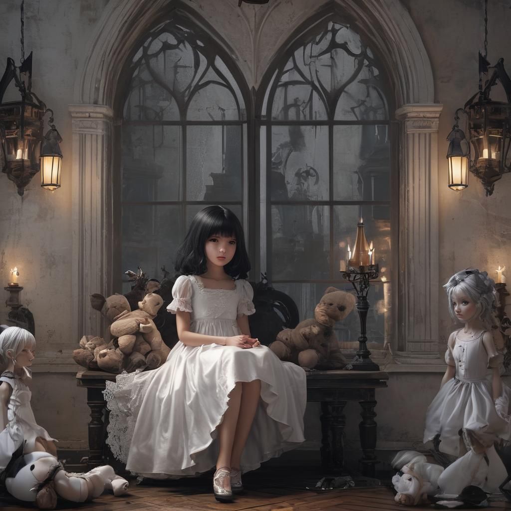 Gothic Anime Girl with Dolls in Dark Academia Style