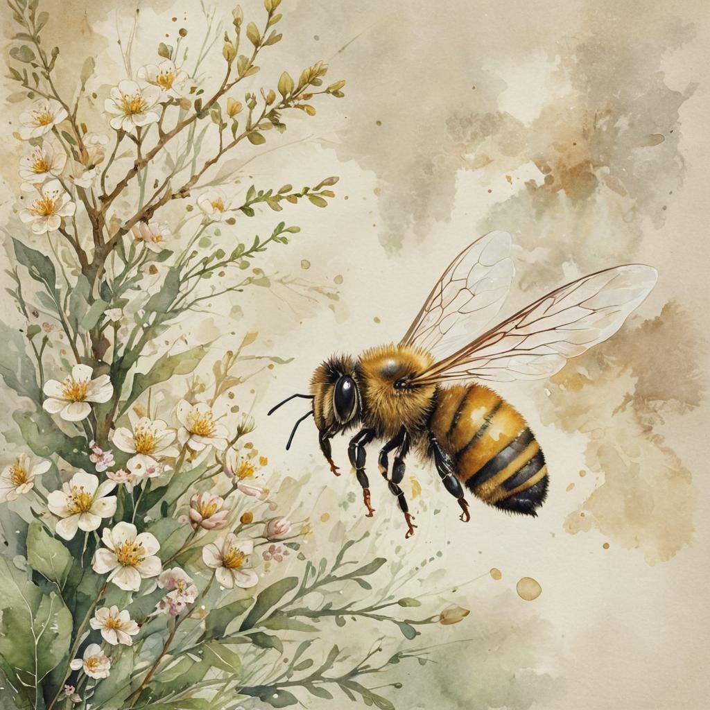 Enchanting Watercolor Bee Made of Natural Elements