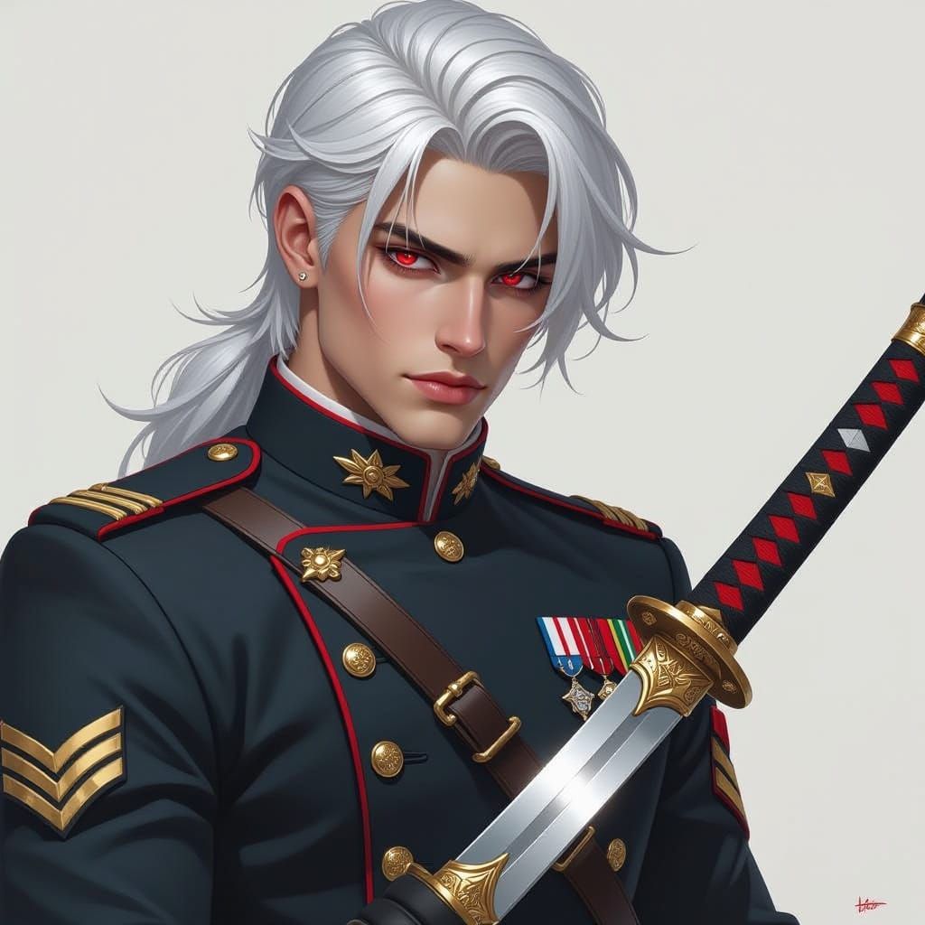 Young Soldier with Red Eyes and Katana