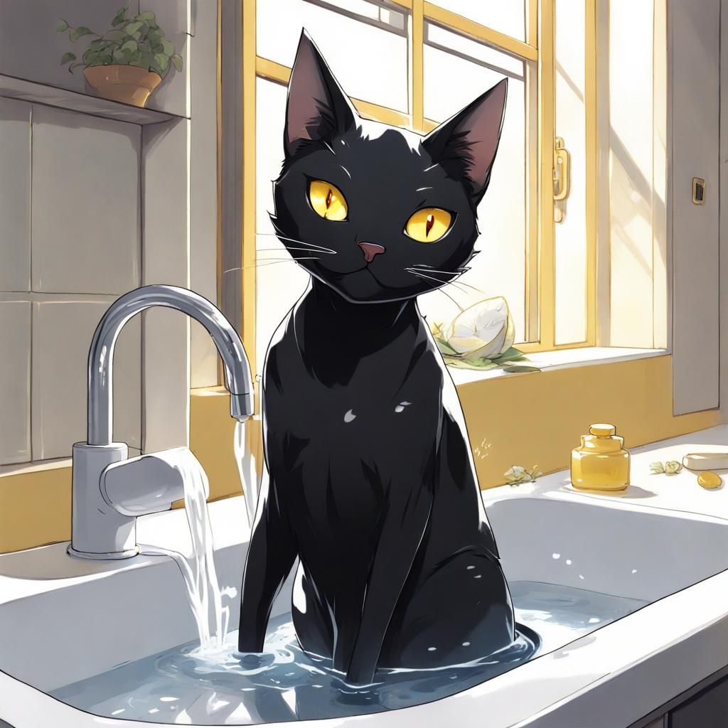 Black Cat in Sink: Anime-Inspired Digital Art
