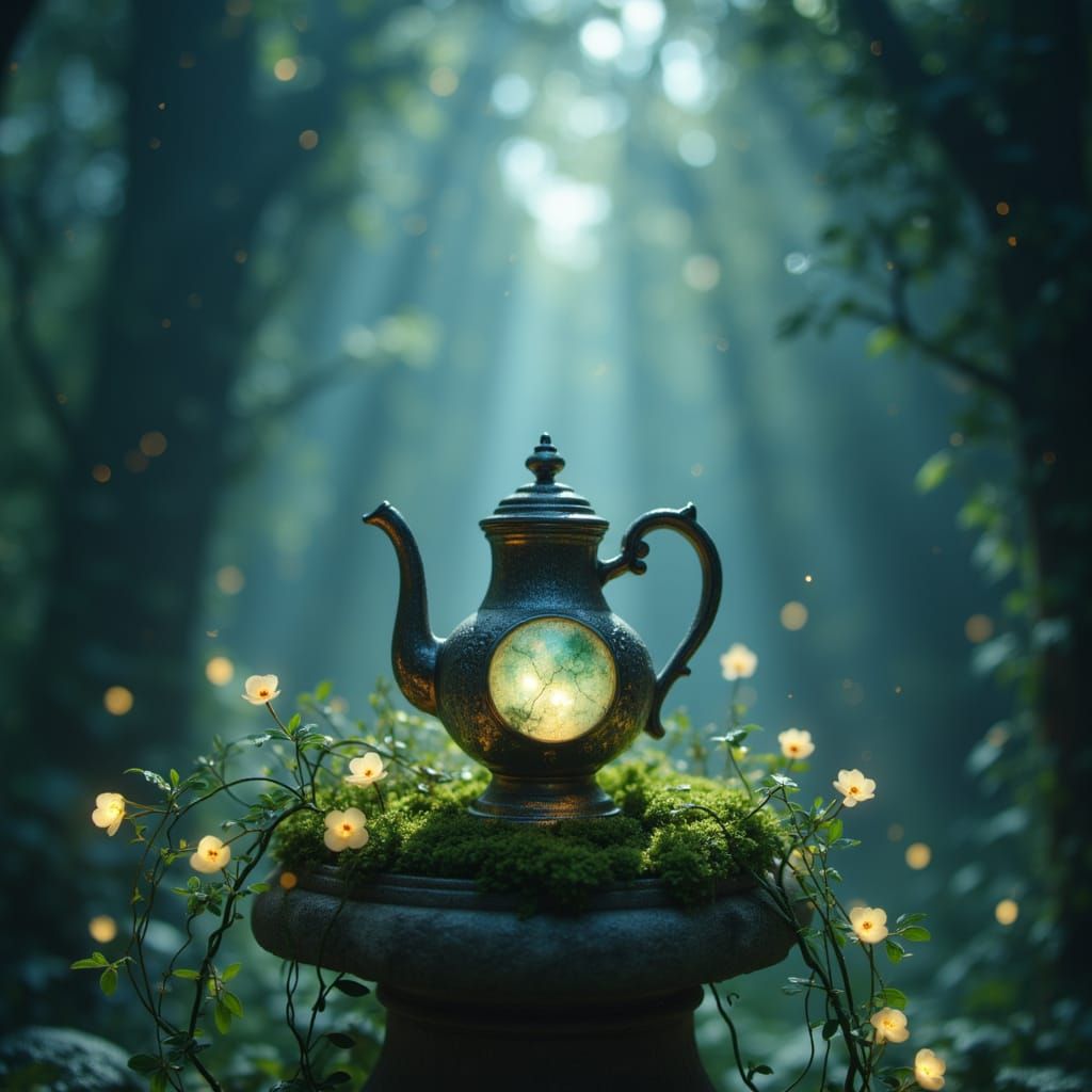 Antique Moonstone Teapot in Enchanted Forest Clearing