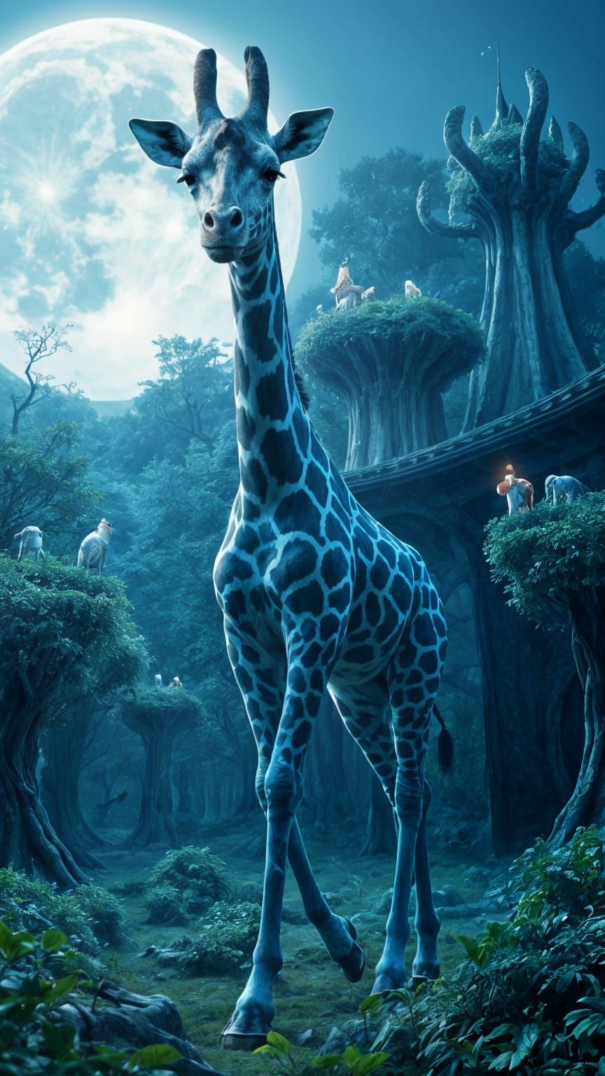 Surreal Giraffe Thrives in Enchanted Lunar Forest