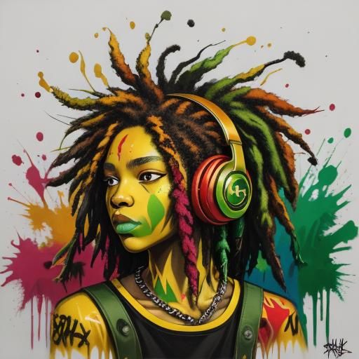 Colorful Graffiti Art Portrait: Rasta Girl with Headphones