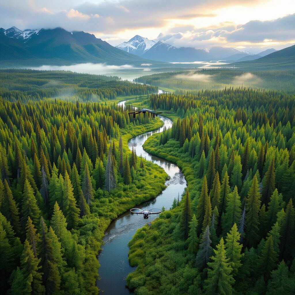 Aerial Alaska Taiga Forest River in Landscape Photography St...