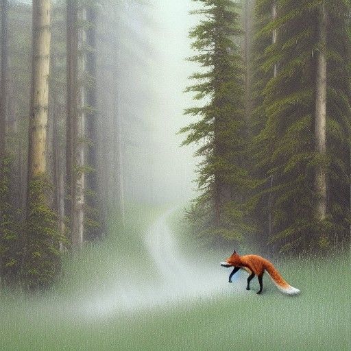 Fox Trotting Through Misty Pine Forest as Oil Painting