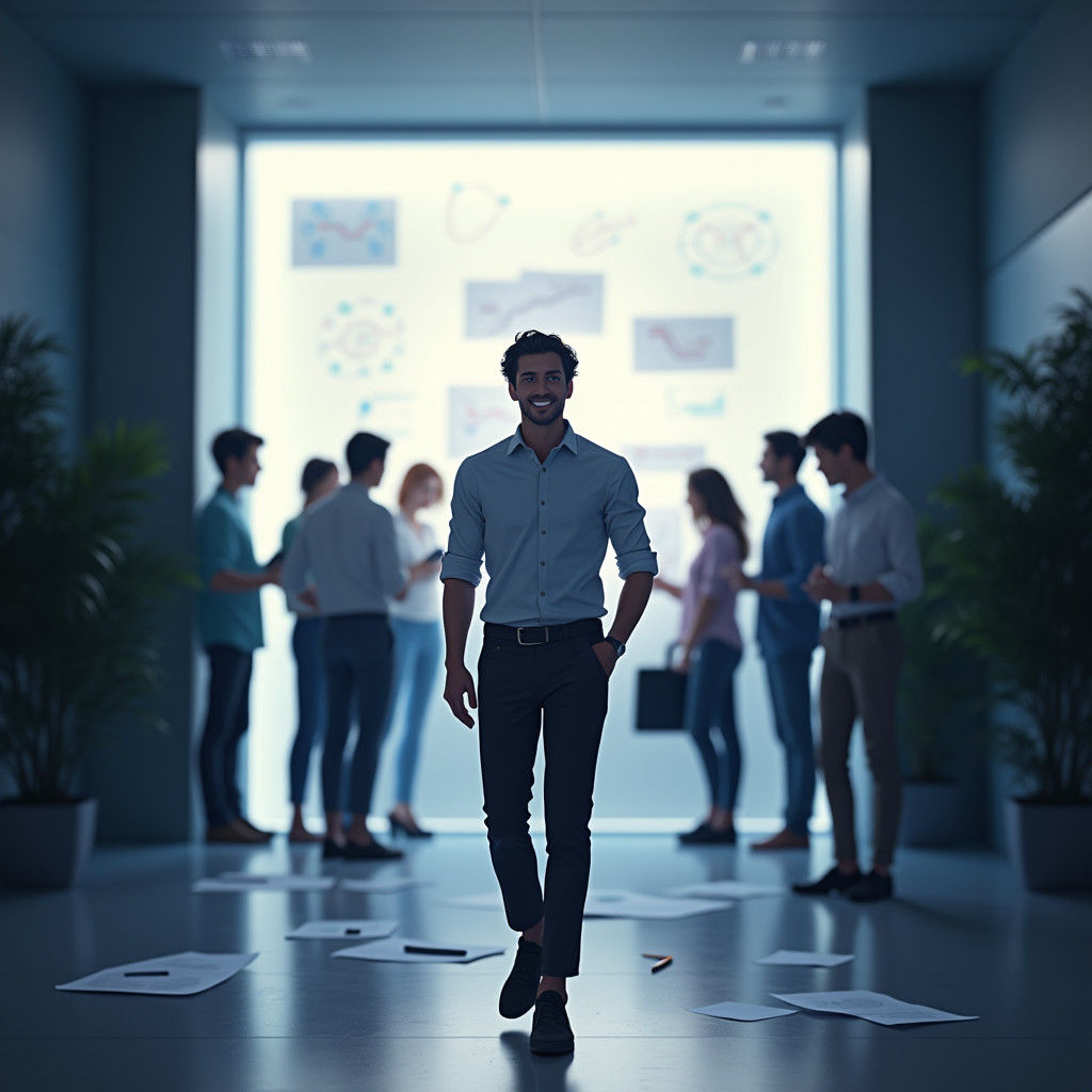 Satisfied Man Leaves Collaborative Workspace in Anime Style