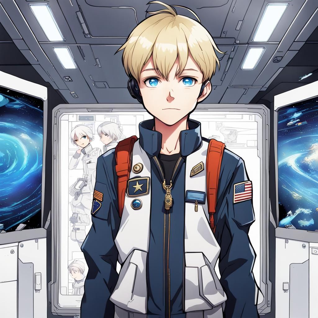 boy 13 years, space pilot, ensign jacket, pale, blond hair, blue eyes, military hairstyle, prankster, joyful, full body,...