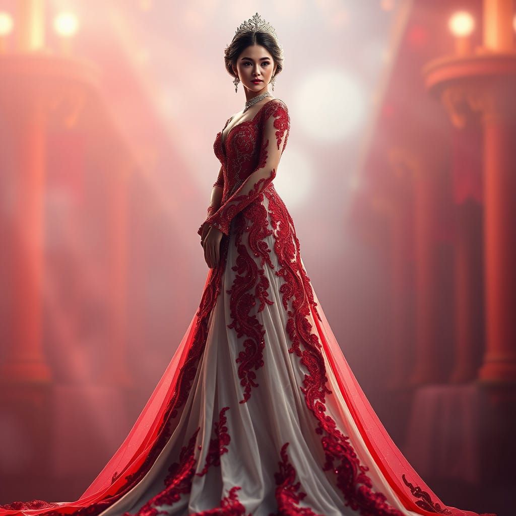 Regal Bride in Crimson Wedding Gown with Sequins and Glitter
