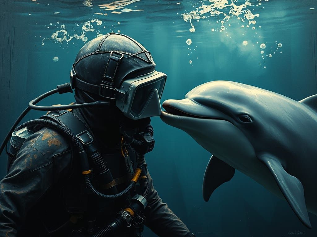 Diver and Dolphin in Dramatic Gothic Style