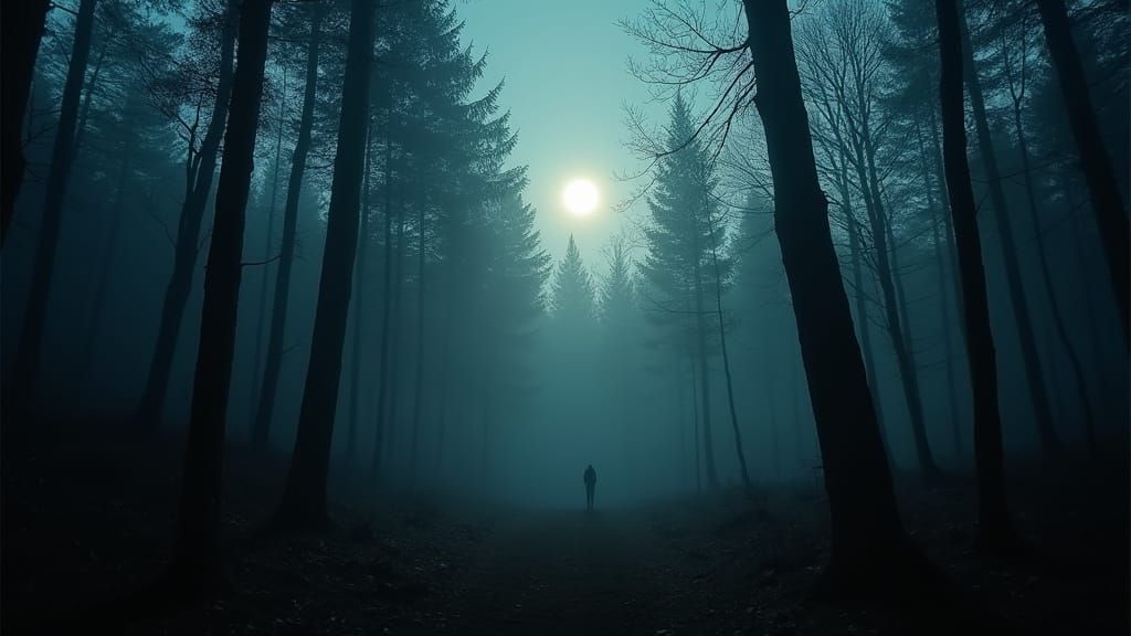 Mystical Moonlit Clearing in Old Forest of Carpathians