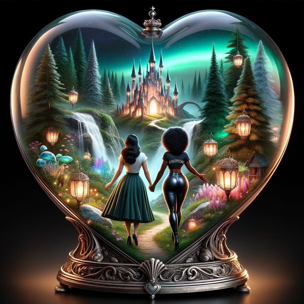 Mystical Terrarium Scene with Women Walking to Castle