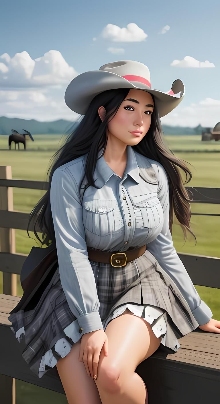 Chubby Cowgirl on Fence in Origami Papercraft Style