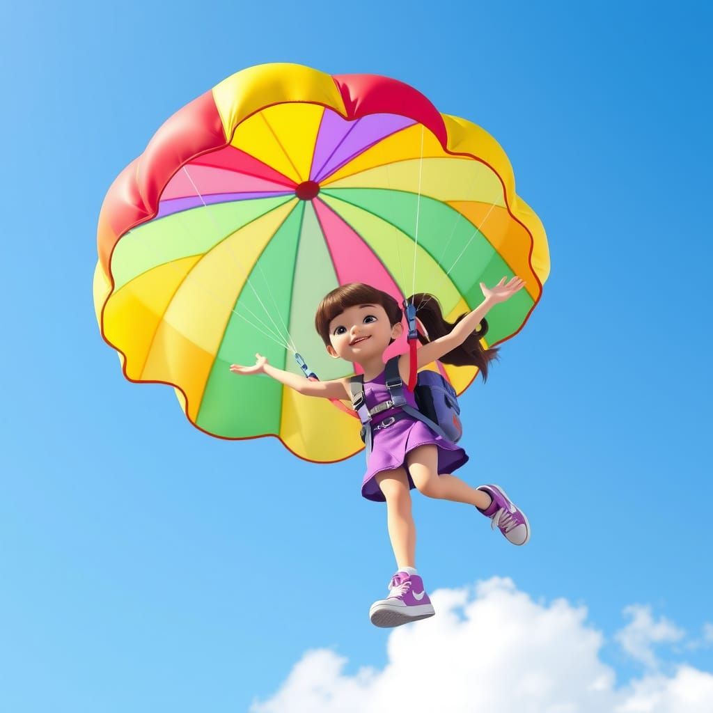 Girl Soaring with Parachute in 3D Animated Style
