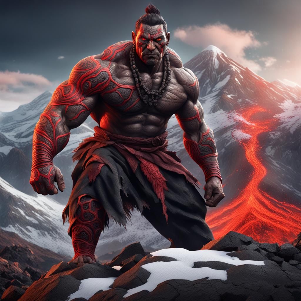 Māori Man with Lava Arm in Fantasy Landscape