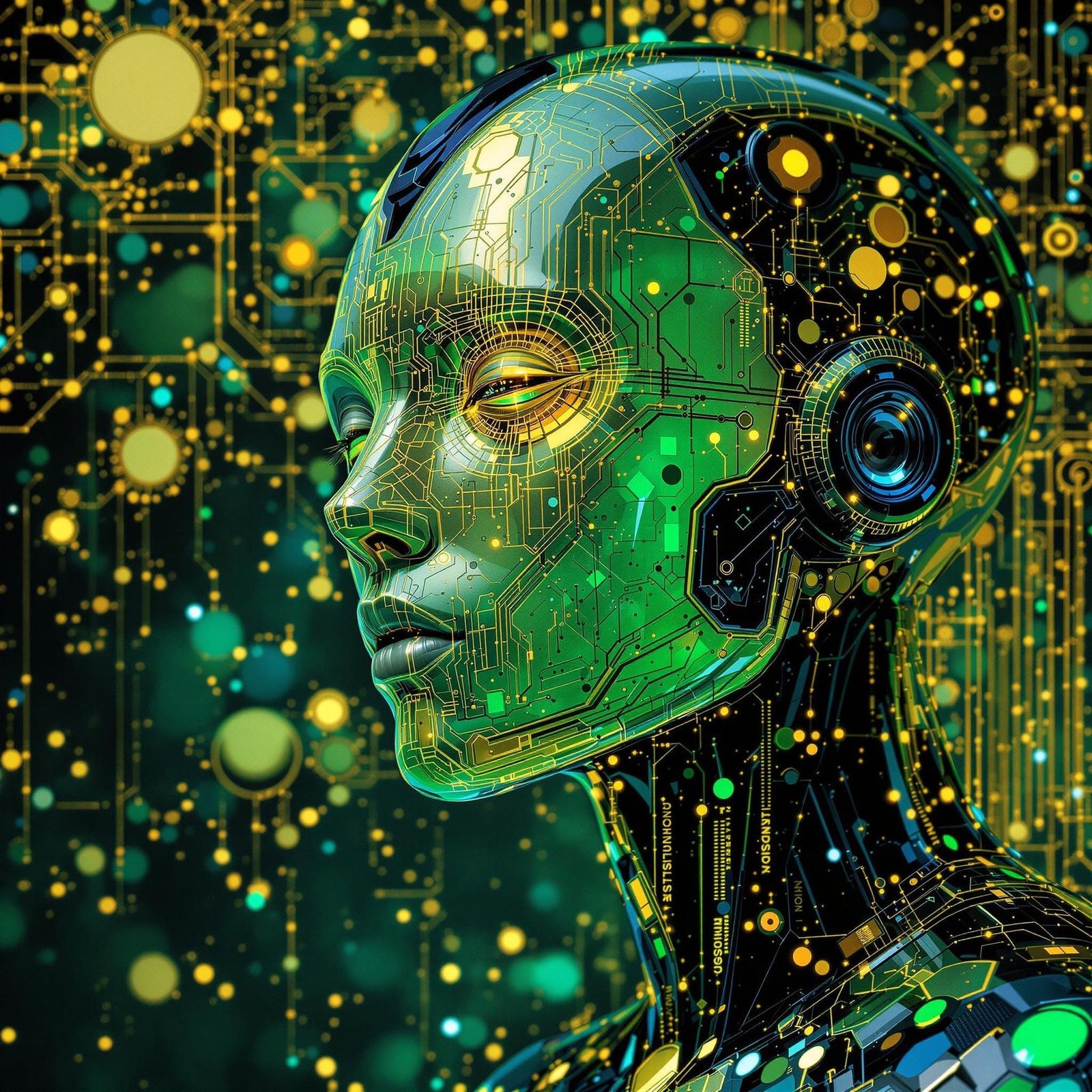 Klimt-Inspired Sci-Fi Robot with Luminescent Skin