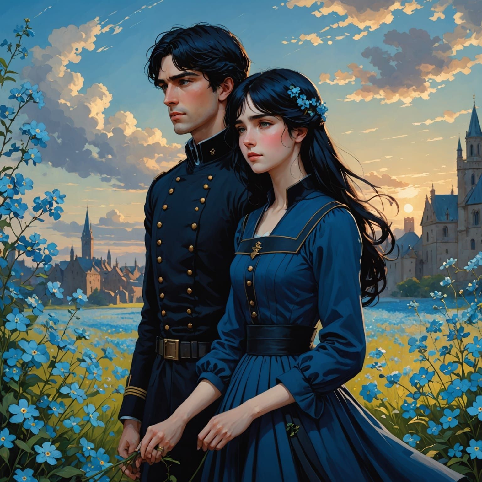 Couple in Forget-Me-Nots Field, Anime Style