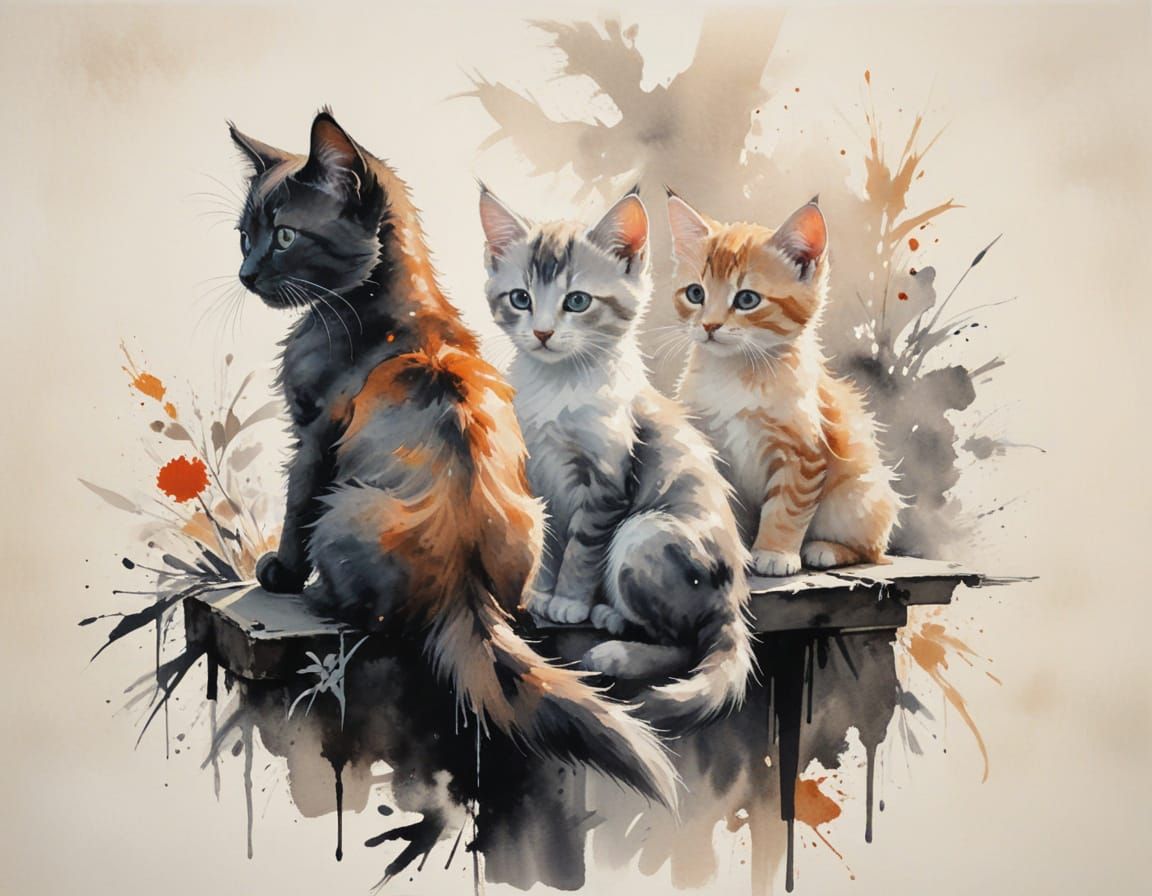 Adorable Kittens on Windowsill in Vibrant Ink Wash Style