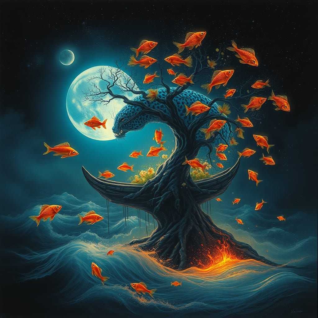 Surreal Shaman Cityscape with Blue Jaguar Gods