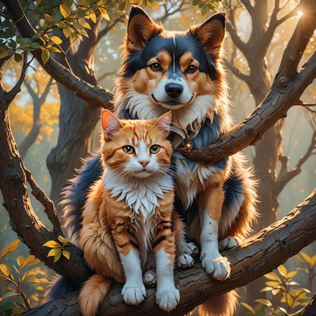 Dog and Cat Cuddle in Golden Light: Fantasy Art