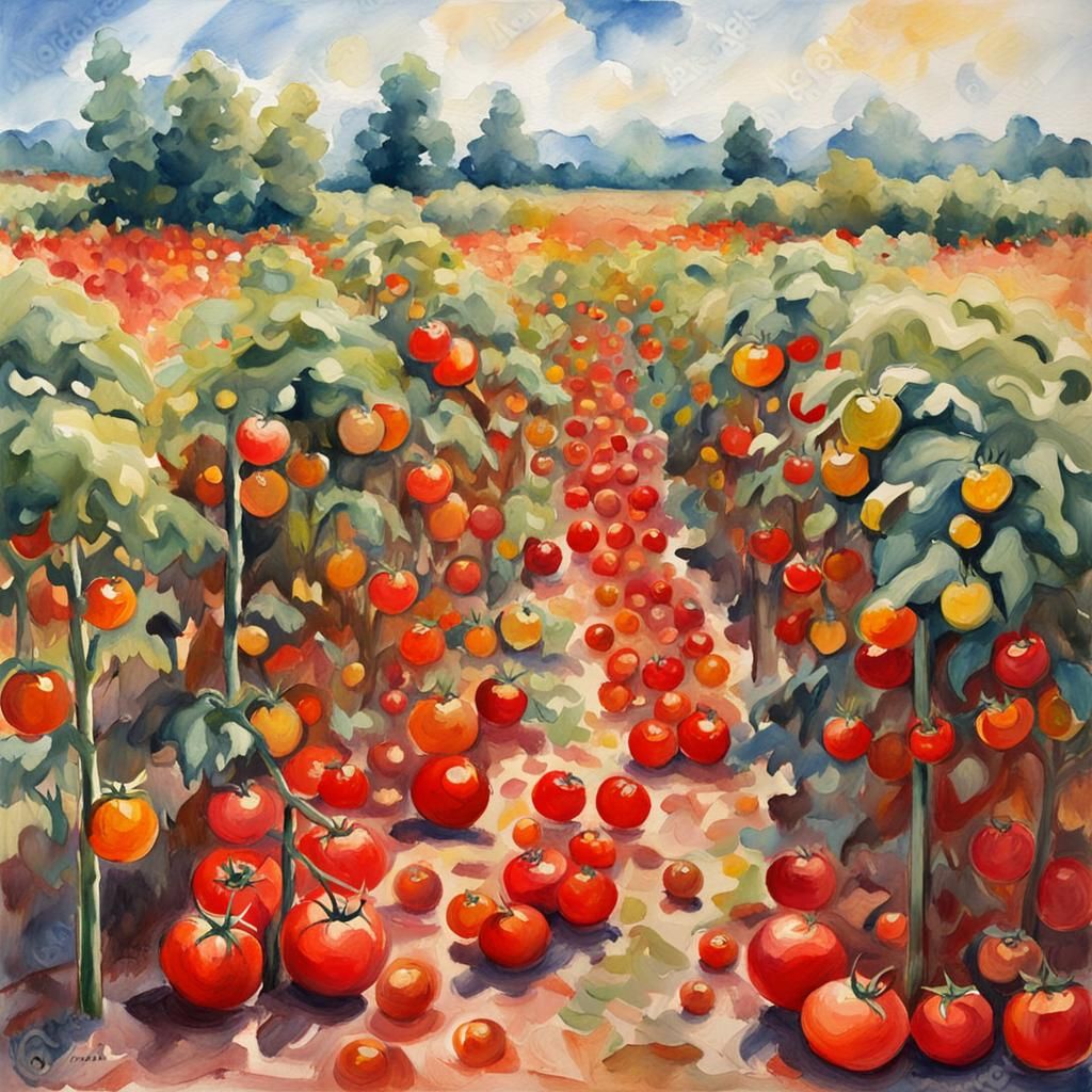 Tomato Field in Gouache Watercolor Style