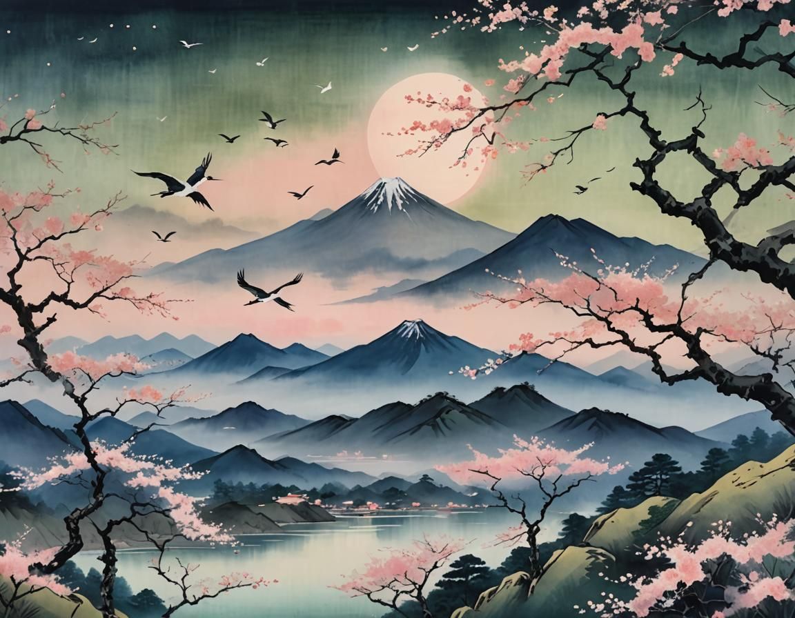 Serene Mountain Twilight in East Asian Style